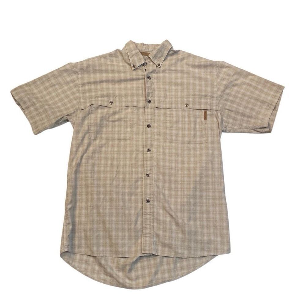 Mossy Oak Savannah Shirt Tan Beige Plaid Short Sleeve Outdoor Shirt Men Large
